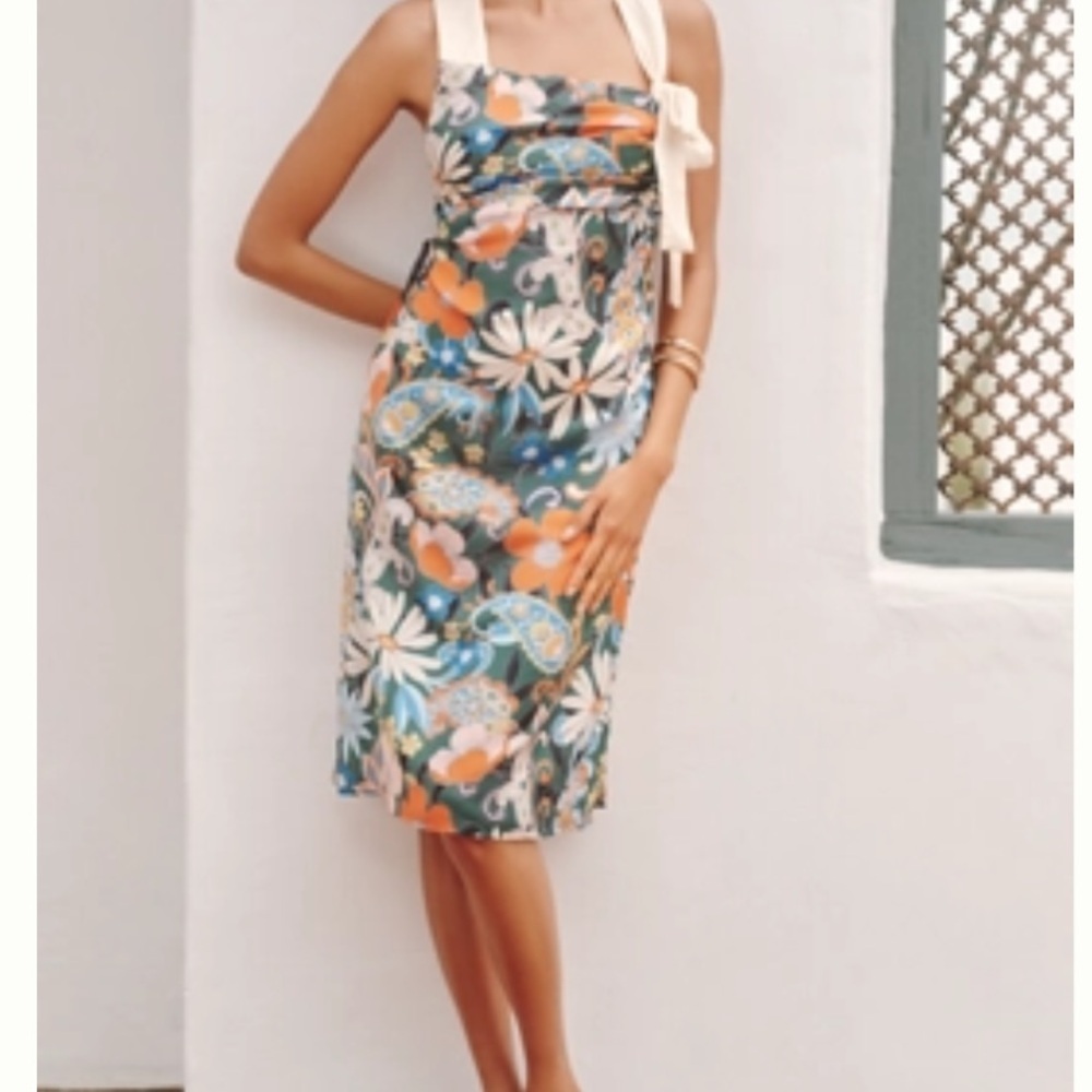 Floral Print Tie-Shoulder Sheath Dress in Teal and Orange